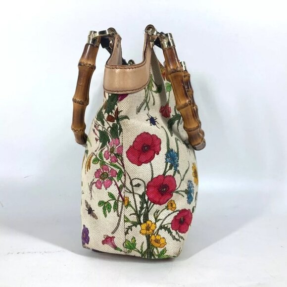 GUCCI 140203 Flora Bamboo Floral Flower Bag Tote Bag Hand Bag Canvas Multicolore - Picture 5 of 16